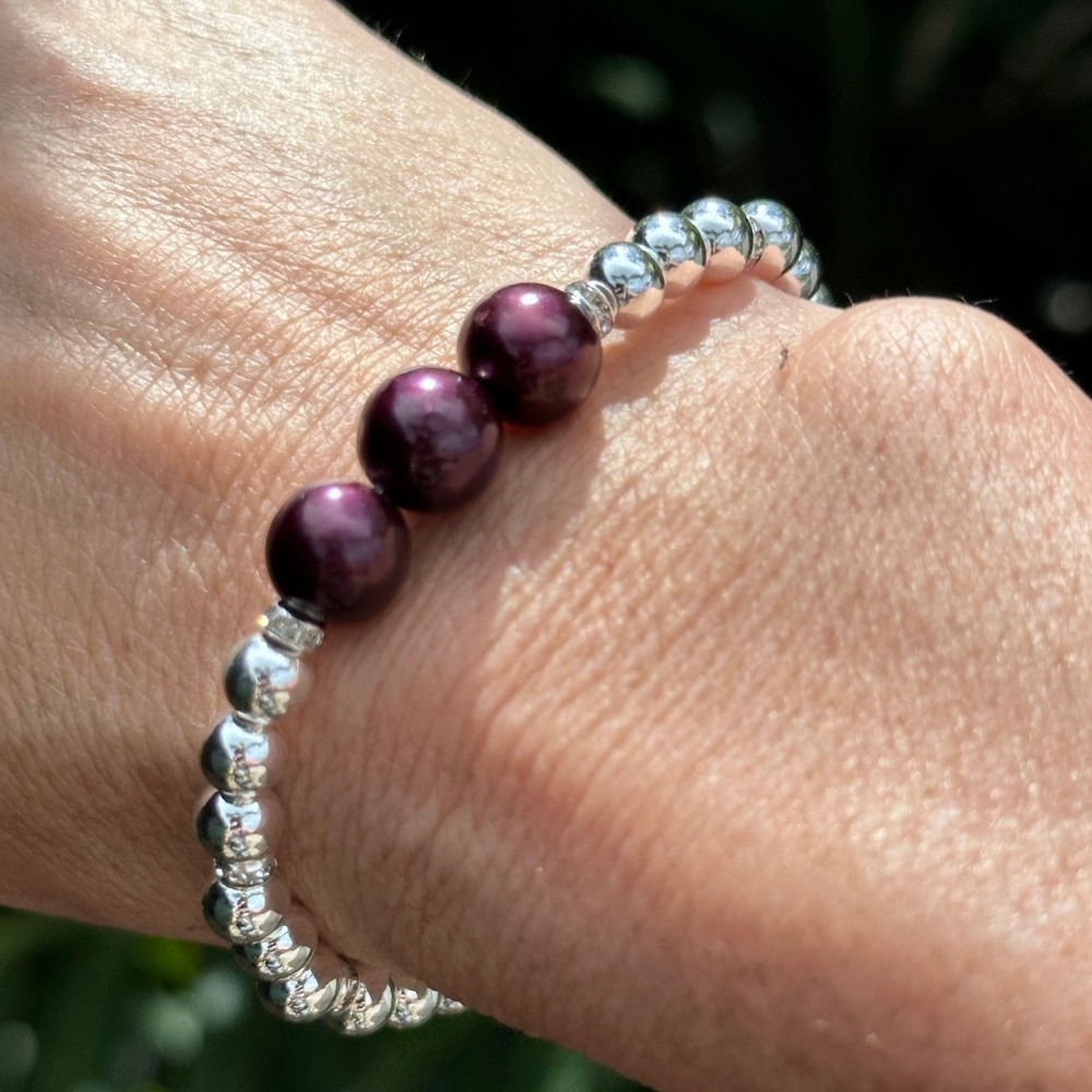 Plum Purple Pearl Stretch Bead 7" Bracelet Sterling Silver Crystal Accents